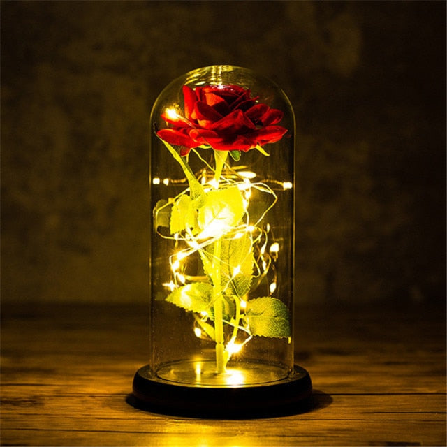 LED Enchanted Galaxy Rose Eternal 24K Gold Foil Flower with String Lights In Dome for Home Decor