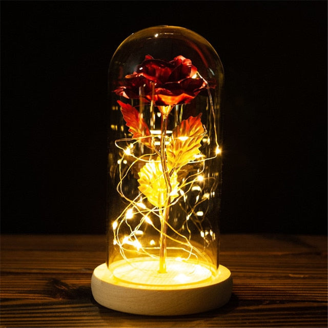 LED Enchanted Galaxy Rose Eternal 24K Gold Foil Flower with String Lights In Dome for Home Decor