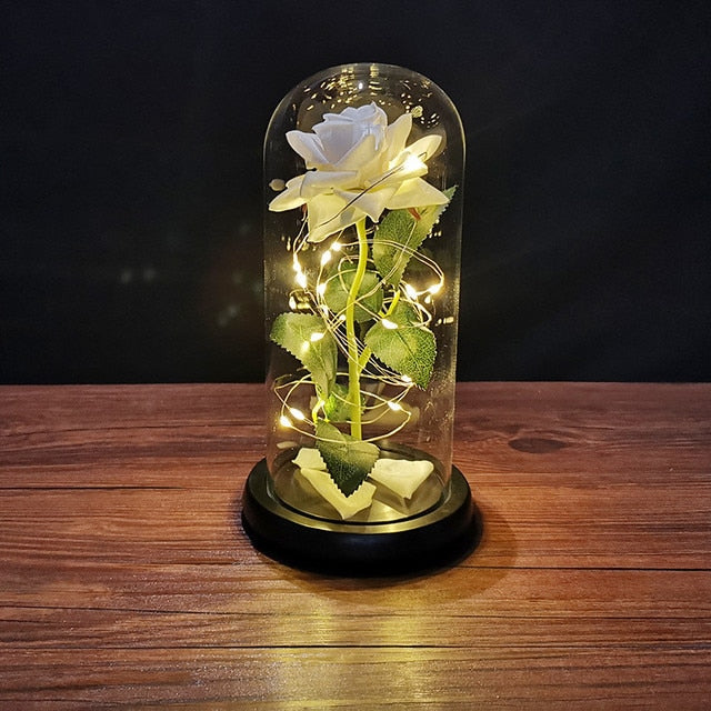 LED Enchanted Galaxy Rose Eternal 24K Gold Foil Flower with String Lights In Dome for Home Decor