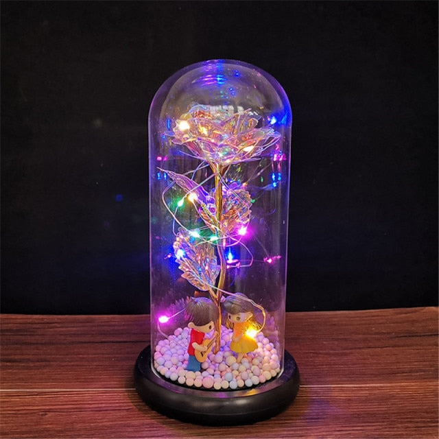 LED Enchanted Galaxy Rose Eternal 24K Gold Foil Flower with String Lights In Dome for Home Decor