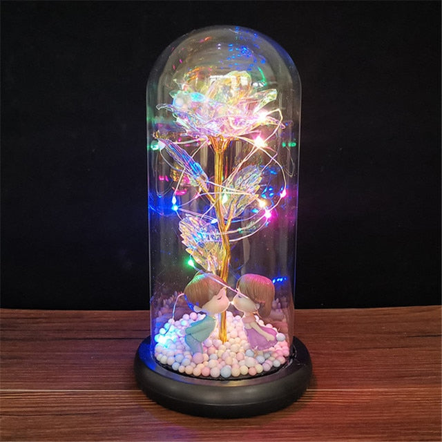 LED Enchanted Galaxy Rose Eternal 24K Gold Foil Flower with String Lights In Dome for Home Decor