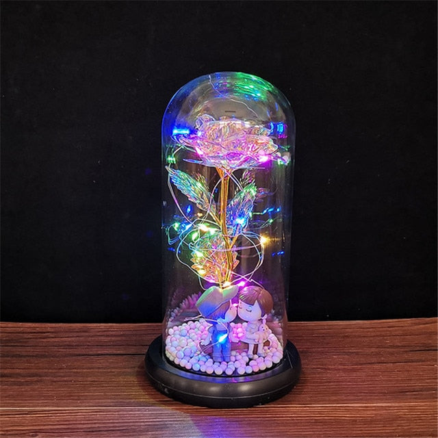 LED Enchanted Galaxy Rose Eternal 24K Gold Foil Flower with String Lights In Dome for Home Decor