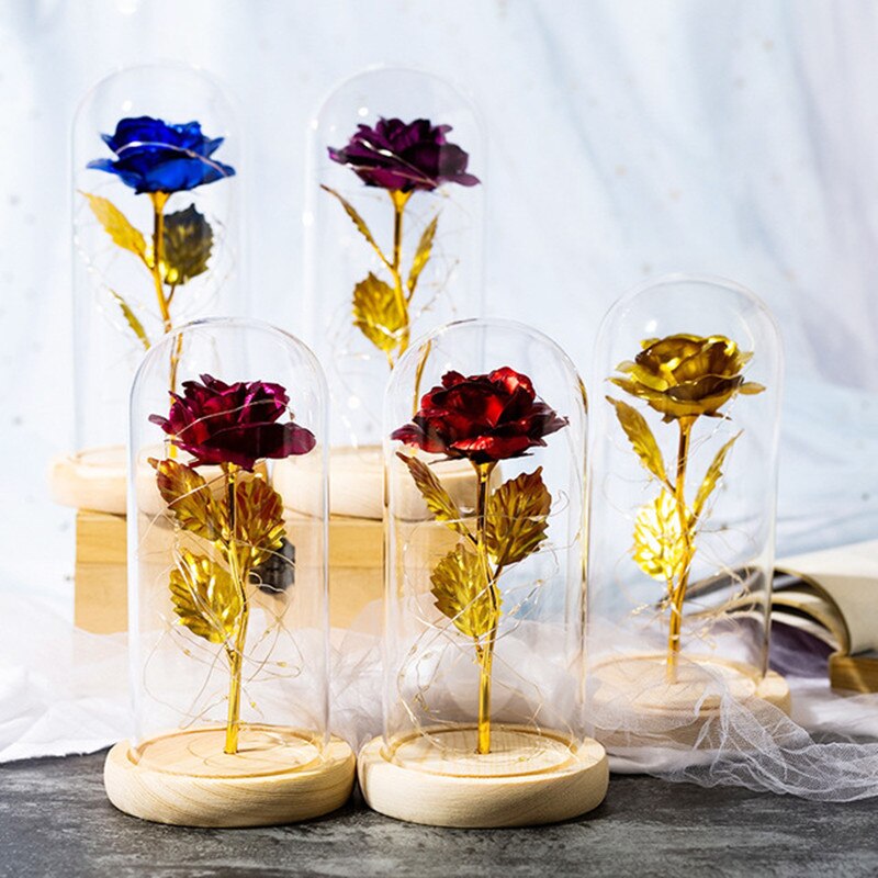 LED Enchanted Galaxy Rose Eternal 24K Gold Foil Flower with String Lights In Dome for Home Decor