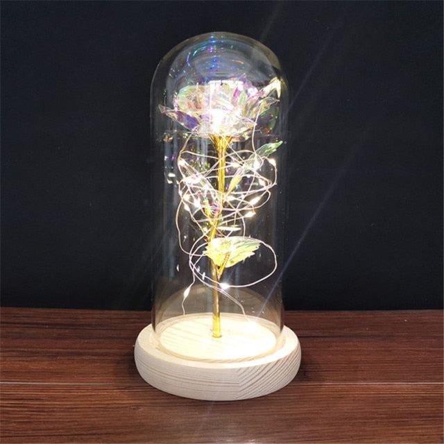 LED Enchanted Galaxy Rose Eternal 24K Gold Foil Flower with String Lights In Dome for Home Decor