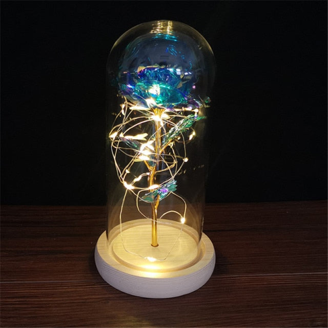 LED Enchanted Galaxy Rose Eternal 24K Gold Foil Flower with String Lights In Dome for Home Decor