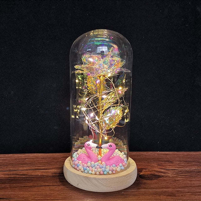 LED Enchanted Galaxy Rose Eternal 24K Gold Foil Flower with String Lights In Dome for Home Decor