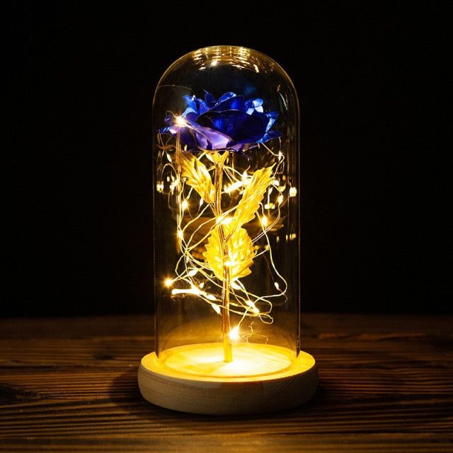 LED Enchanted Galaxy Rose Eternal 24K Gold Foil Flower with String Lights In Dome for Home Decor