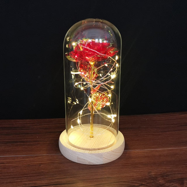 LED Enchanted Galaxy Rose Eternal 24K Gold Foil Flower with String Lights In Dome for Home Decor