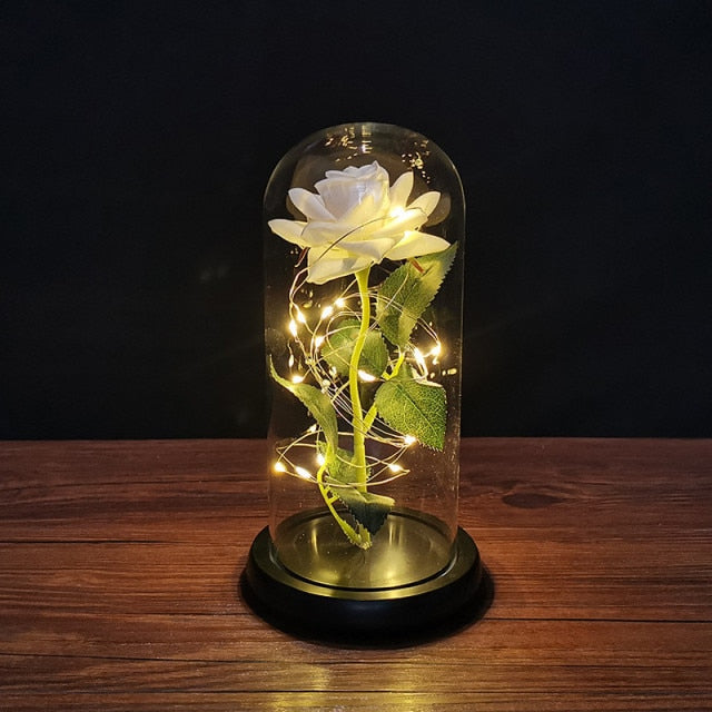 LED Enchanted Galaxy Rose Eternal 24K Gold Foil Flower with String Lights In Dome for Home Decor