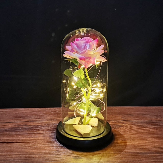 LED Enchanted Galaxy Rose Eternal 24K Gold Foil Flower with String Lights In Dome for Home Decor